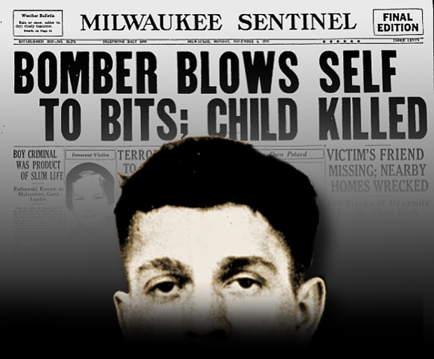 21-year-old Hugh “Idzy” Rutkowski's bombing spree came to an horrific end on Nov. 3, 1935, when an even more powerful bomb detonated as he was assembling it. Also killed in the blast was Rutkowski's 16-year-old accomplice, Paul Chevanek, and a 9-year-old girl in a neighboring house. Only fragments of the two bombers were ever found. Photo illustration by Carl Swasnon