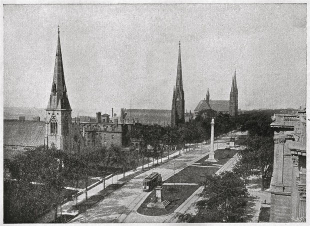 More than 100 years have passed since this photo was taken from the roof of the Milwaukee Public Library. All three of these Wisconsin Avenue churches still stand, From left to right, they are: St. James Episcopal, Calvary Presbyterian Church, and the Church of the Gesu on the Marquette University campus. Collection of Carl Swanson